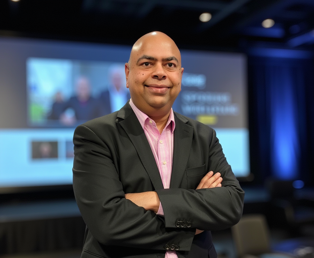 Ganesh Ariyur with arms crossed in front of a conference stage screen, projecting confidence and executive presence